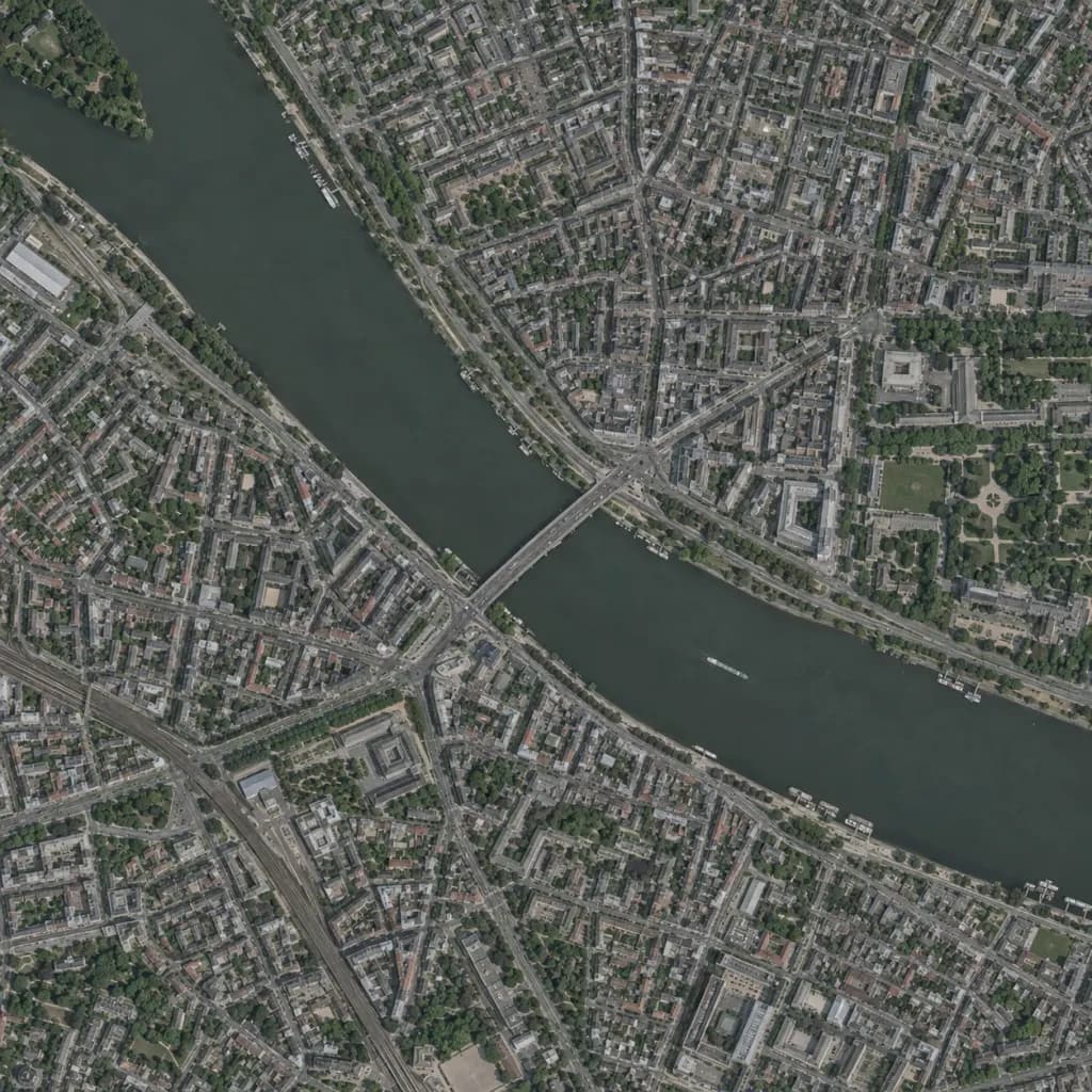 Illustrative satellite view of a city and its river crossing